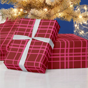 Maroon Pink Check Grid Plaid Design Wrapping Paper