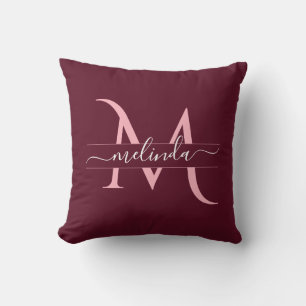Maroon Pink Custom Monogram Name Script Cushion
