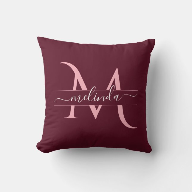Maroon Pink Custom Monogram Name Script Cushion (Front)