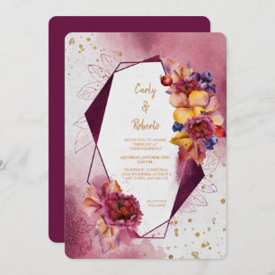 Maroon Pink Floral Modern Geometric Frame Wedding Invitation