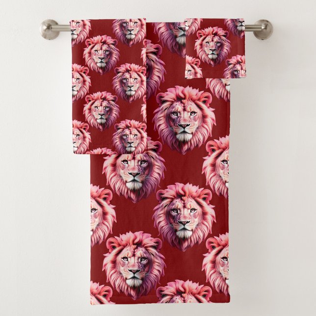 Maroon Pink Lion Head Design  Bath Towel Set (Creator Uploaded)