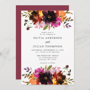 Maroon Pink Orange Fall Floral Watercolor Wedding Invitation