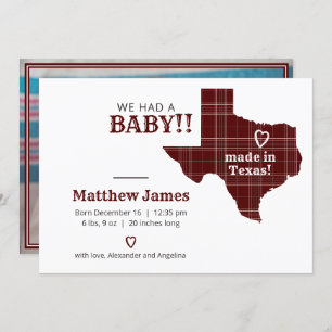 Maroon Plaid Made In Texas Horizontal Photo Announcement