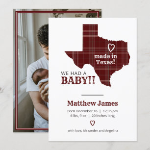 Maroon Plaid Made In Texas Vertical Photo Announcement