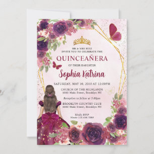 Maroon Plum Red Gold Floral Princess Quinceañera Invitation