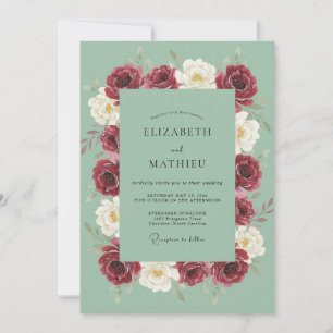 Maroon Ranunculus Seafoam Eucalyptus Wedding Invitation