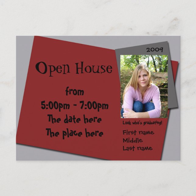 maroon (red) and grey open house invitation postcard (Front)
