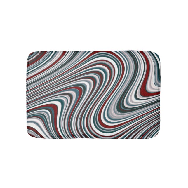 Maroon Red and Teal Blue Abstract Curvy Shapes Bath Mat (Front)