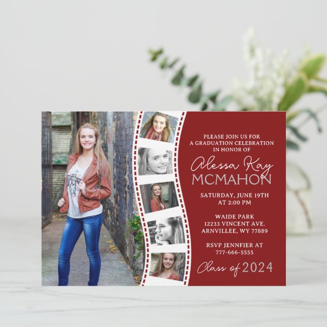 Maroon Red and White Filmstrip 6 Photo Graduation Invitation (Standing Front)