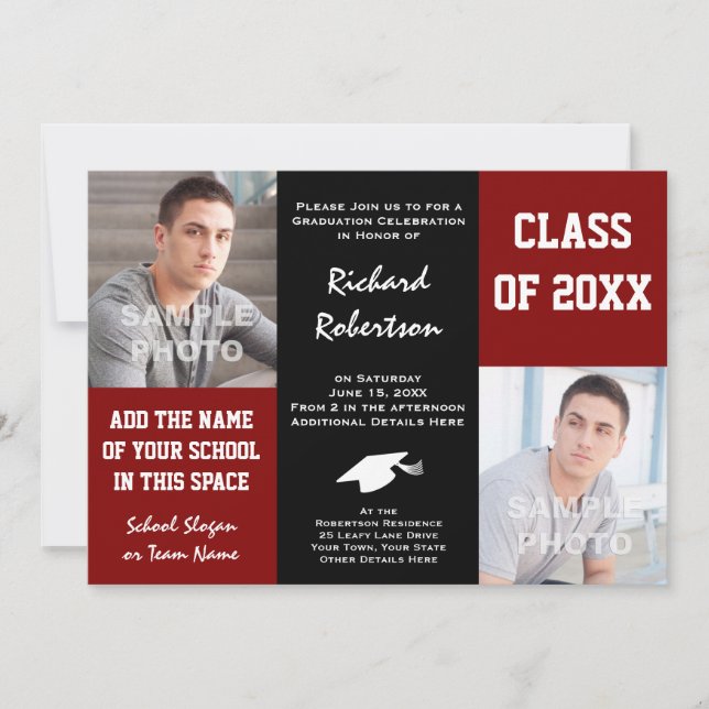 Maroon Red + Black School Colours Photo Graduation Invitation (Front)