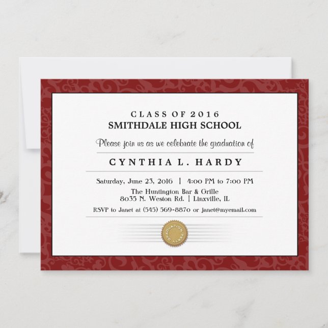 Maroon Red Border Diploma Graduation Invitation (Front)