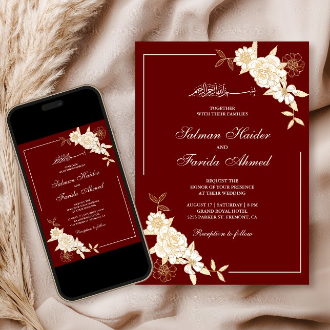 Maroon Red Cream Floral Branch Muslim Wedding Invitation (Creator Uploaded)