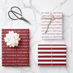 Maroon Red Custom Happy Birthday With Love  Wrapping Paper Sheet