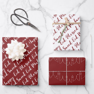 Maroon Red Eid Calligraphy Masjid Pattern Design Wrapping Paper Sheet