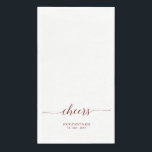 Maroon Red Elegant Script Lettering Cheers Event Napkin<br><div class="desc">Add stylish detail to your special day with this personalised party napkin. This design features stylish red typography " Cheers" with custom text. You can personalise the text for any event or party. Matching invitations and party supplies are available in my shop BaraBomDesign.</div>