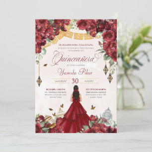 Maroon Red Floral Butterfly Elegant Quinceanera v2 Invitation