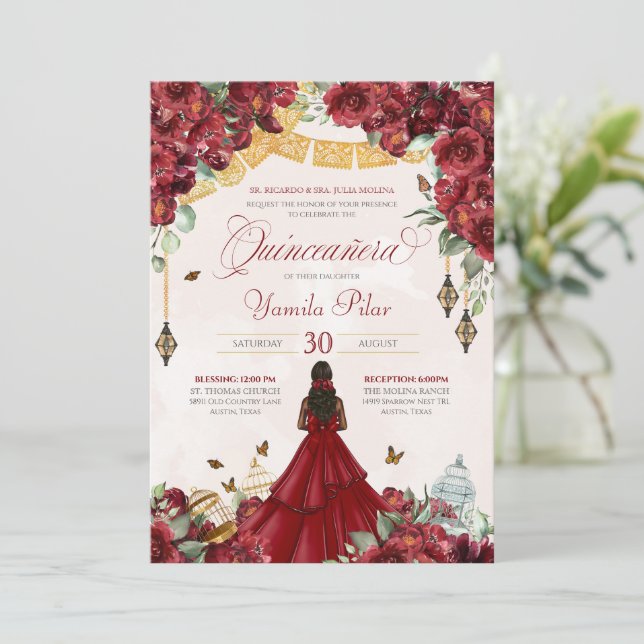 Maroon Red Floral Butterfly Elegant Quinceanera v5 Invitation (Standing Front)