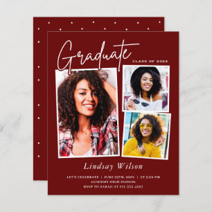 Maroon Red Girl 3 Photo Graduation Invitations