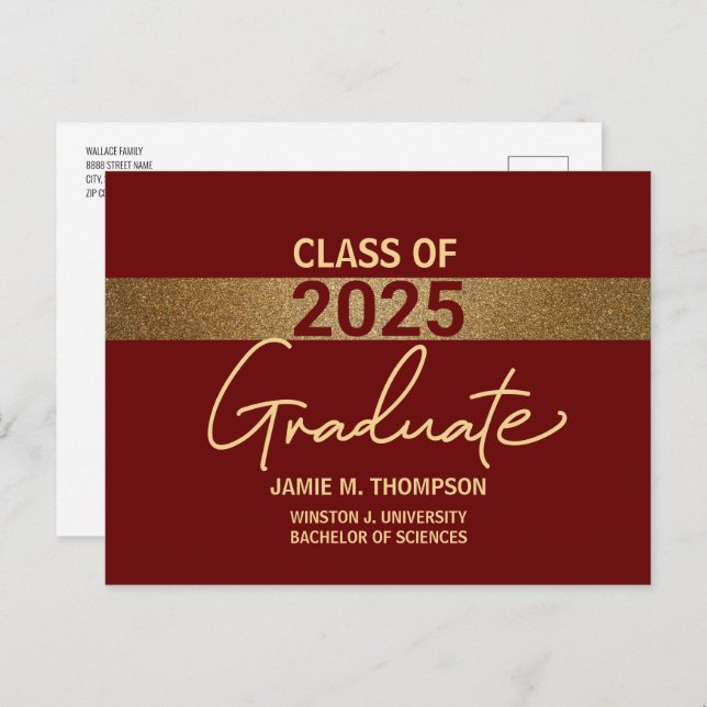 Maroon Red Gold Class 2025 University Graduation Postcard (Front/Back)