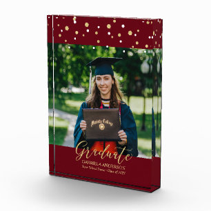 Maroon Red & Gold Confetti Graduation Gift Photo Block