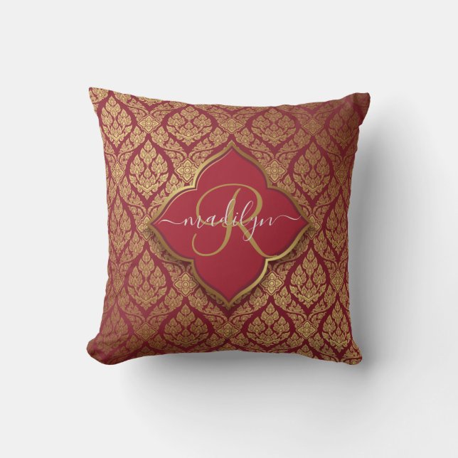 Maroon Red Gold Fleur Damask Pattern Monogram Cushion (Front)
