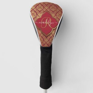 Maroon Red Gold Fleur Damask Pattern Monogram Golf Head Cover