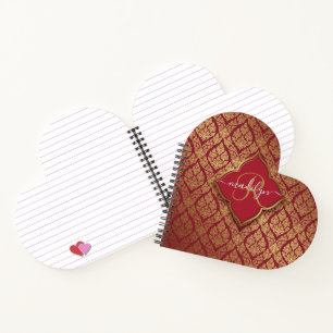 Maroon Red Gold Fleur Damask Pattern Monogram Notebook