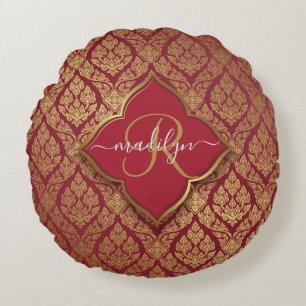 Maroon Red Gold Fleur Damask Pattern Monogram Round Cushion