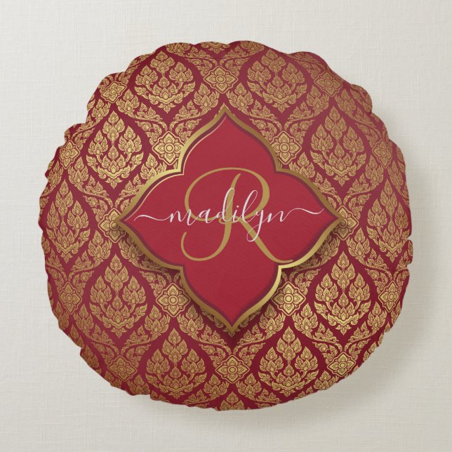 Maroon Red Gold Fleur Damask Pattern Monogram Round Cushion (Front)