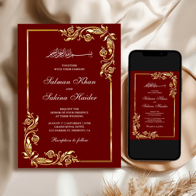 Maroon Red Gold Floral Border Islamic Wedding Invitation (Creator Uploaded)