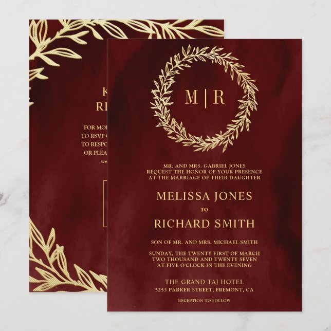 Maroon Red Gold Leaf Branch QR Code Wedding Invitation (Front/Back)