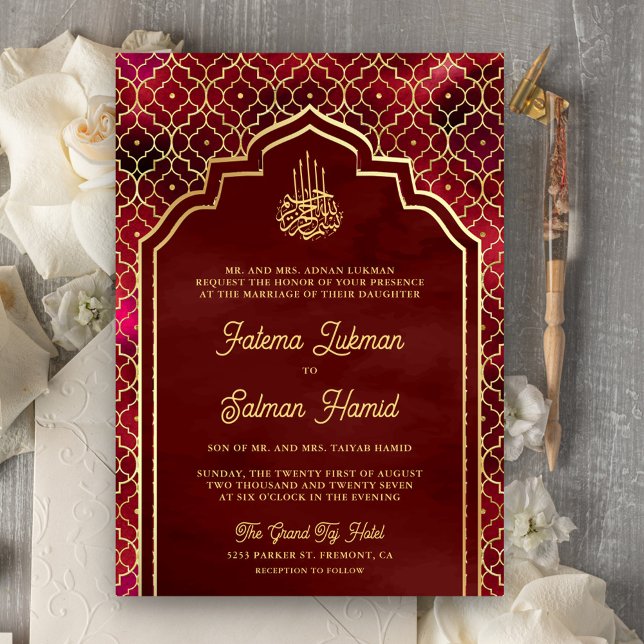 Maroon Red Gold Moroccan Arch Muslim Wedding Invitation (Creator Uploaded)