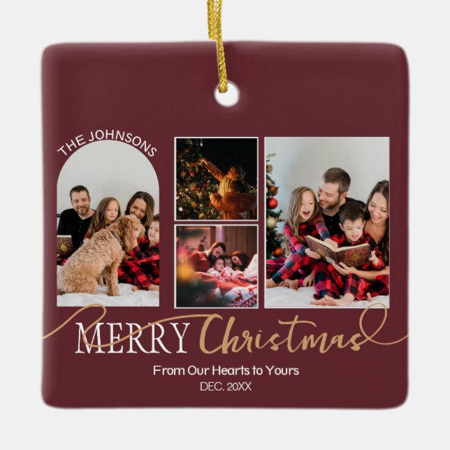 Maroon Red Gold Script Christmas Modern Collage Ceramic Ornament (Front)