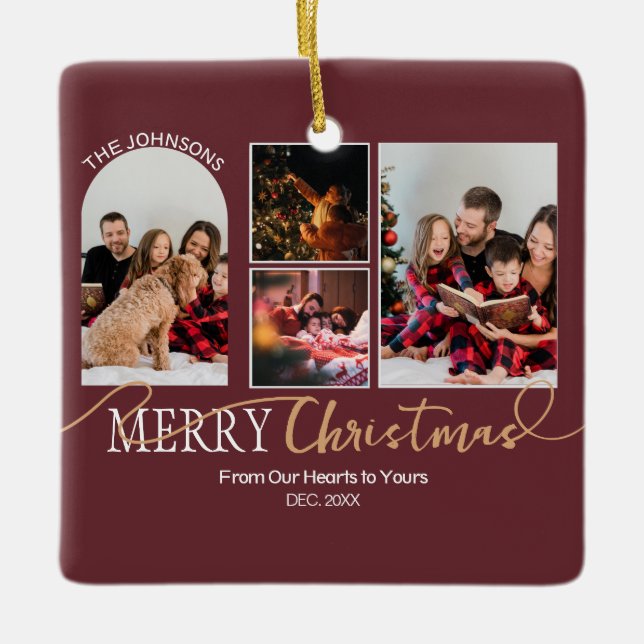 Maroon Red Gold Script Christmas Modern Collage Ceramic Ornament (Front)