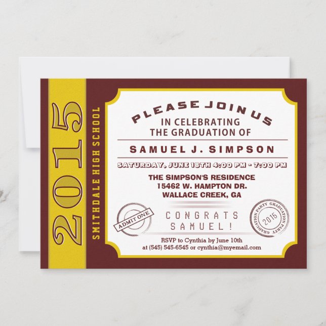 Maroon Red & Gold Ticket Graduation Invitation (Front)