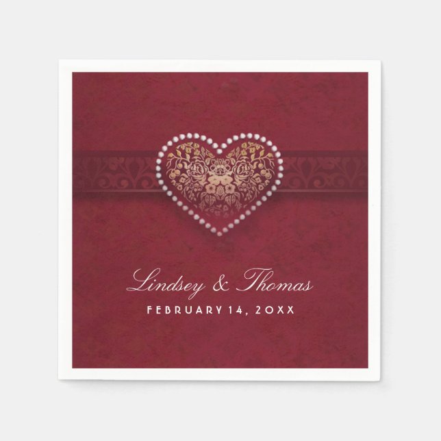 Maroon Red Gold & White Floral Heart Wedding Napkin (Front)