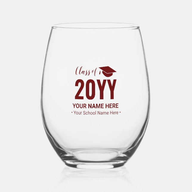 Maroon Red | Modern Graduation Gift Custom Text Stemless Wine Glass (Front)
