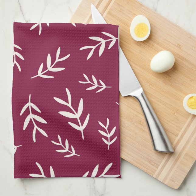 Maroon Red Olive Leaf Kitchen Towel (Quarter Fold)
