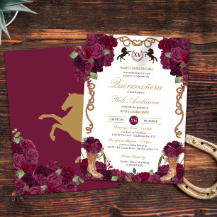 Maroon Red Rose Floral Western Charra Quinceanera Invitation