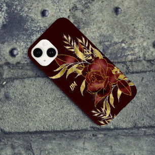 Maroon Red Rose Gold Leaves Monogram Case-Mate iPhone 14 Case