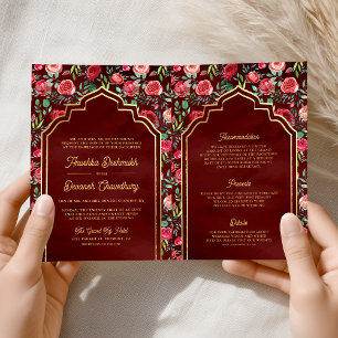 Maroon Red Roses Floral Gold Indian Wedding Invitation