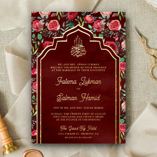 Maroon Red Roses Floral Muslim Wedding Gold