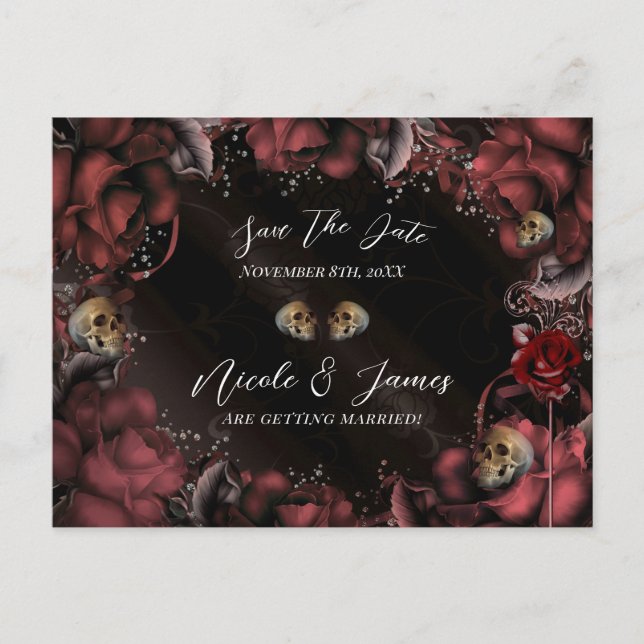 Maroon Red Rust Roses Skulls Gothic Save the Date Announcement Postcard (Front)