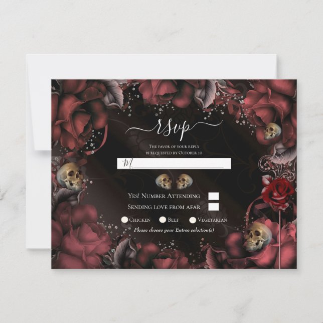 Maroon Red Rust Roses & Skulls Wedding RSVP   Invitation (Front)