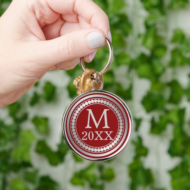 Maroon Red Silver Frame Monogram Key Ring (Hand)