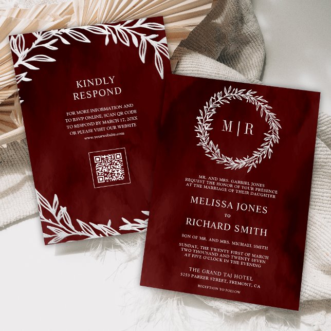 Maroon Red Silver Leaf Branch QR Code Wedding Invitation (Creator Uploaded)
