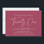 Maroon Red | Simple Typography 21st Birthday Invitation<br><div class="desc">Modern 21st birthday invitations with "twenty one" in a handwritten script. Simple,  text-only design with white font on red background.</div>