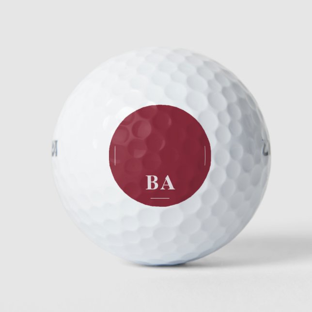 Maroon Red Solid Color White Initials Golf Balls (Front)