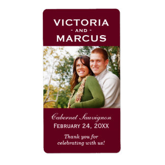 Maroon Red Wedding Monogram Photo Wine Bottle