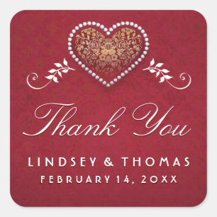 Maroon Red & White Floral Heart Wedding Thank You Square Sticker